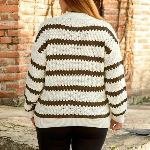 🆕️1X Cozy Plus Size Striped Knit Sweater Polo Collar Pullover For Fall Winter - Picture 3 of 9